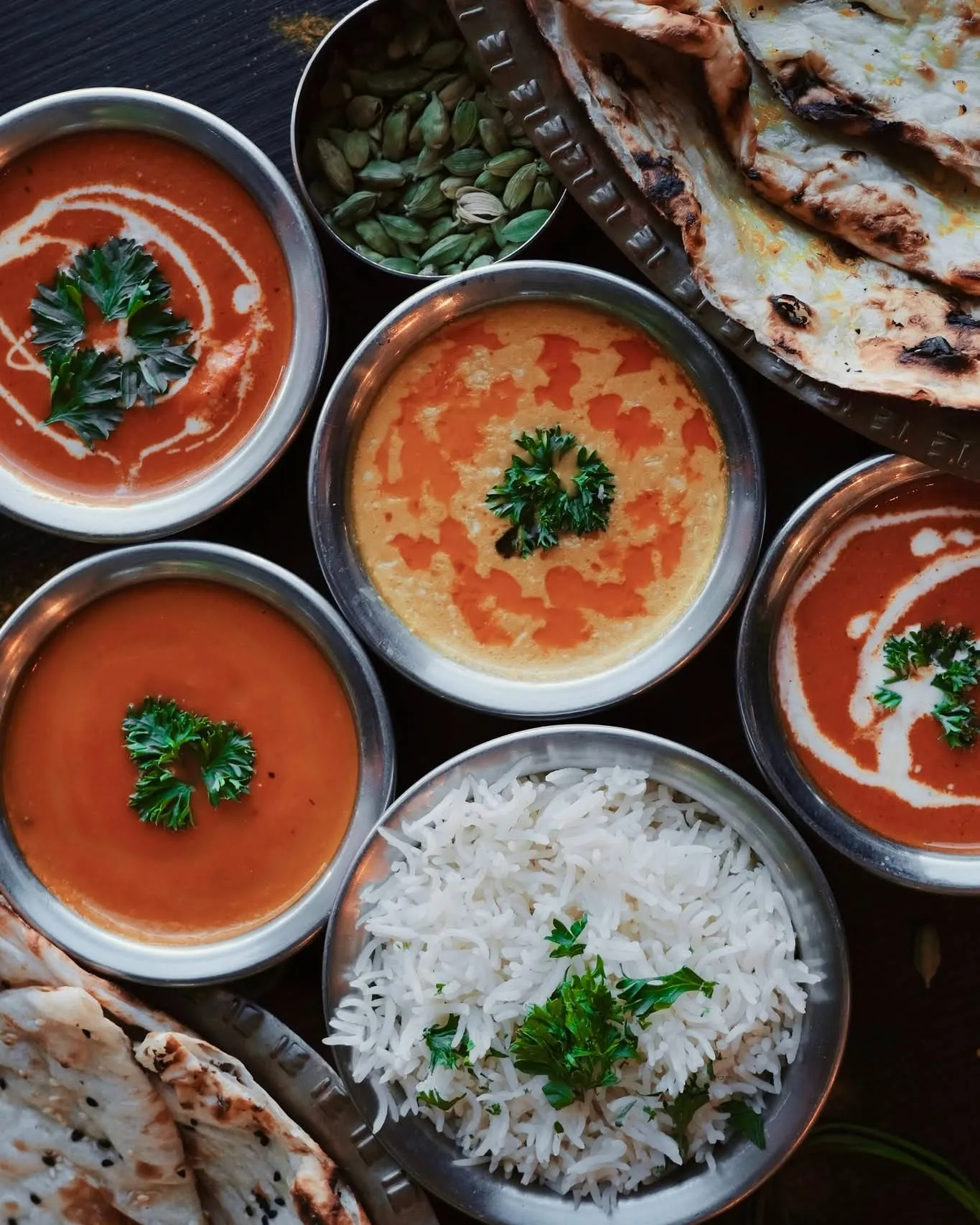 Butter chicken with basmati rice and naan